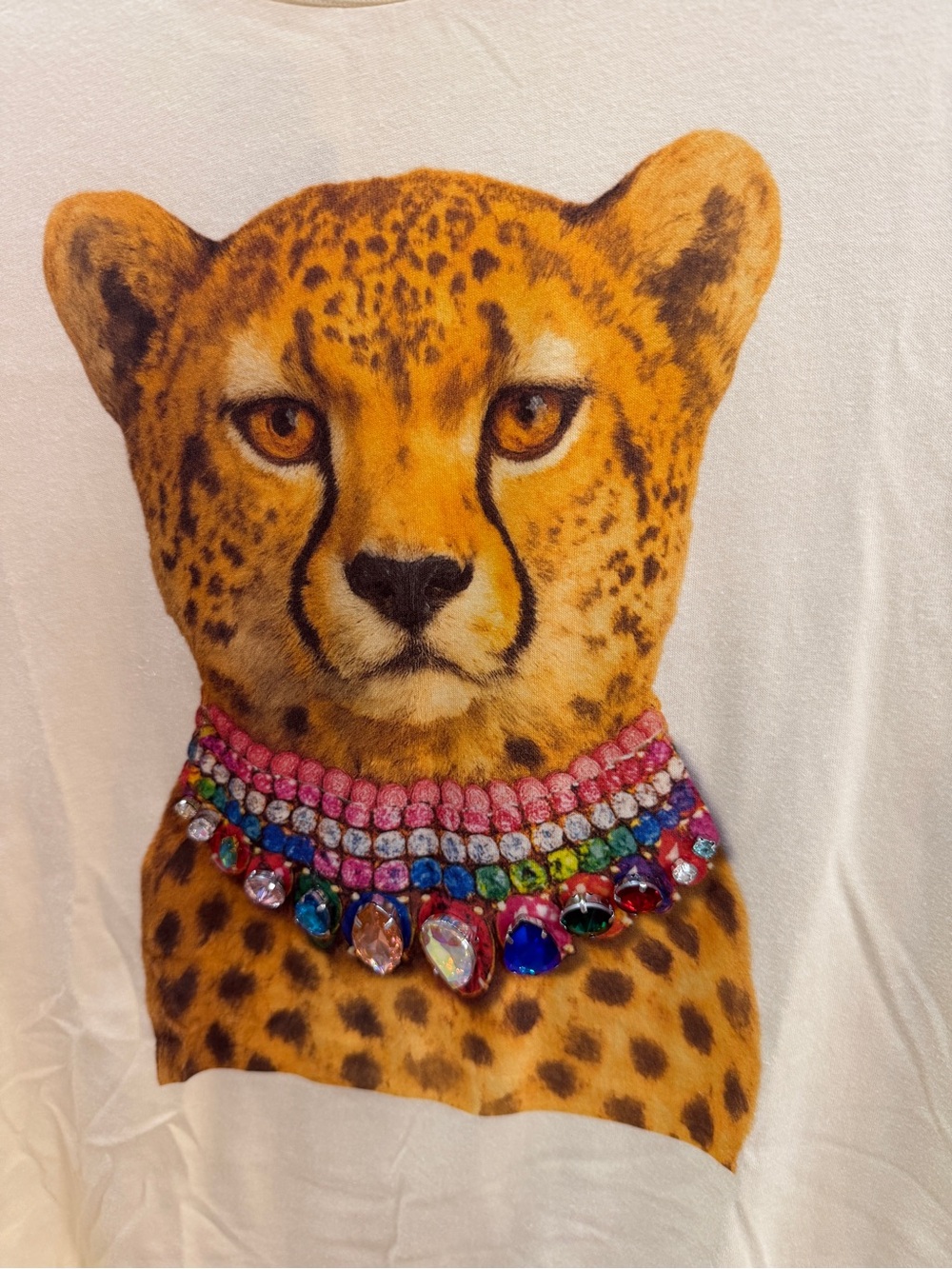 Tultex Cream Tee with Leopard Face and Multicolor Jewel Necklace